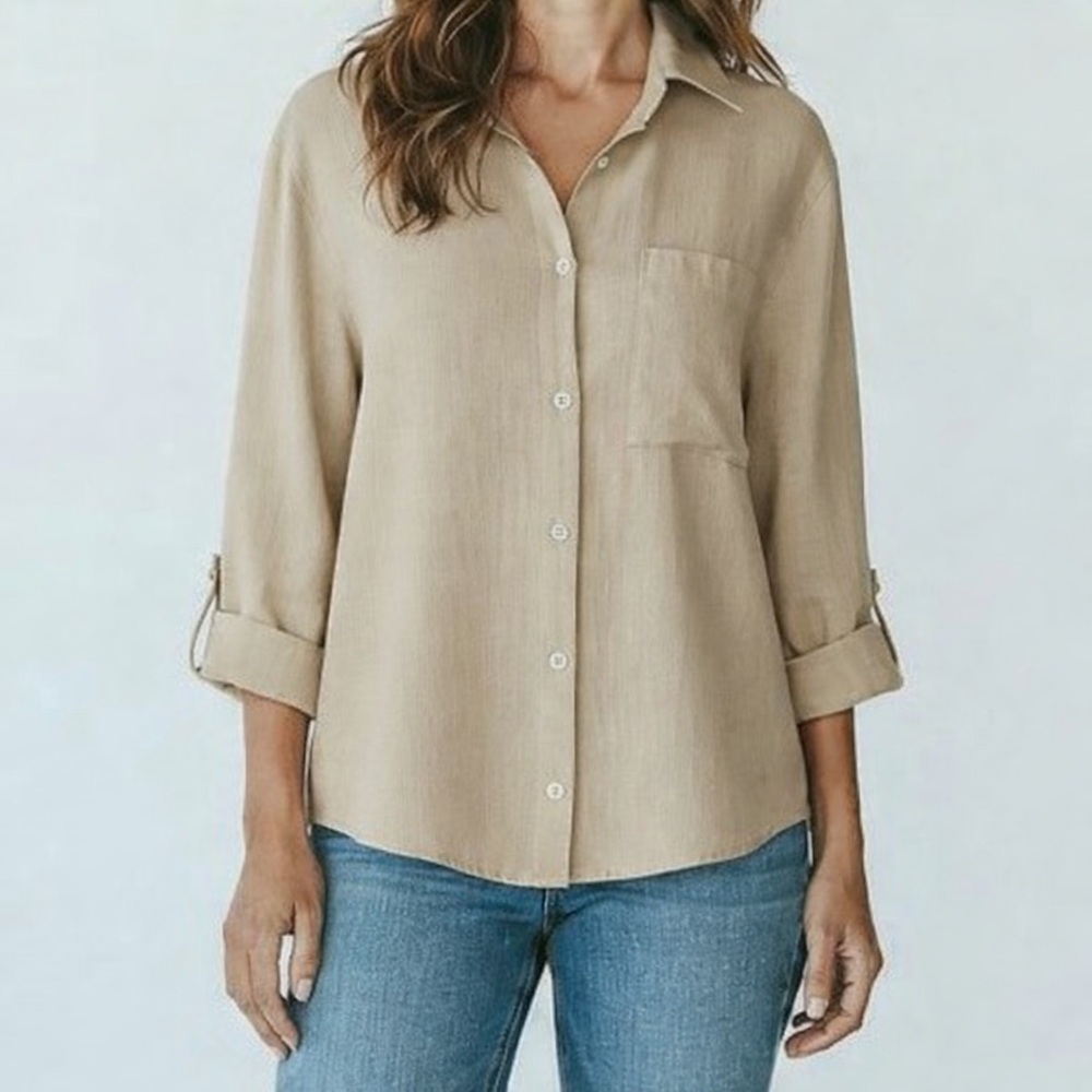 Foxcroft Beige Linen Button Front Blouse Size 8 Roll Tab Sleeves